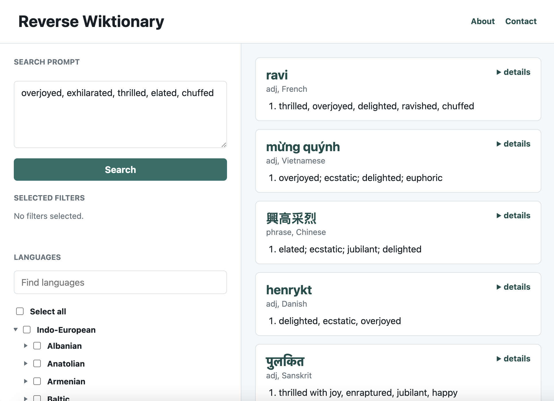 Reverse Wiktionary browser interface showing a semantic search query and language filters